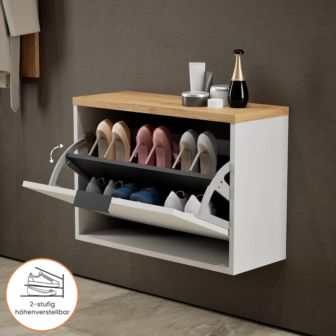 Planetmöbel Schuhschrank schmal mit 1 Klappe platzsparender Schuhregal mit 2 Ablagen, Schuhkommode f