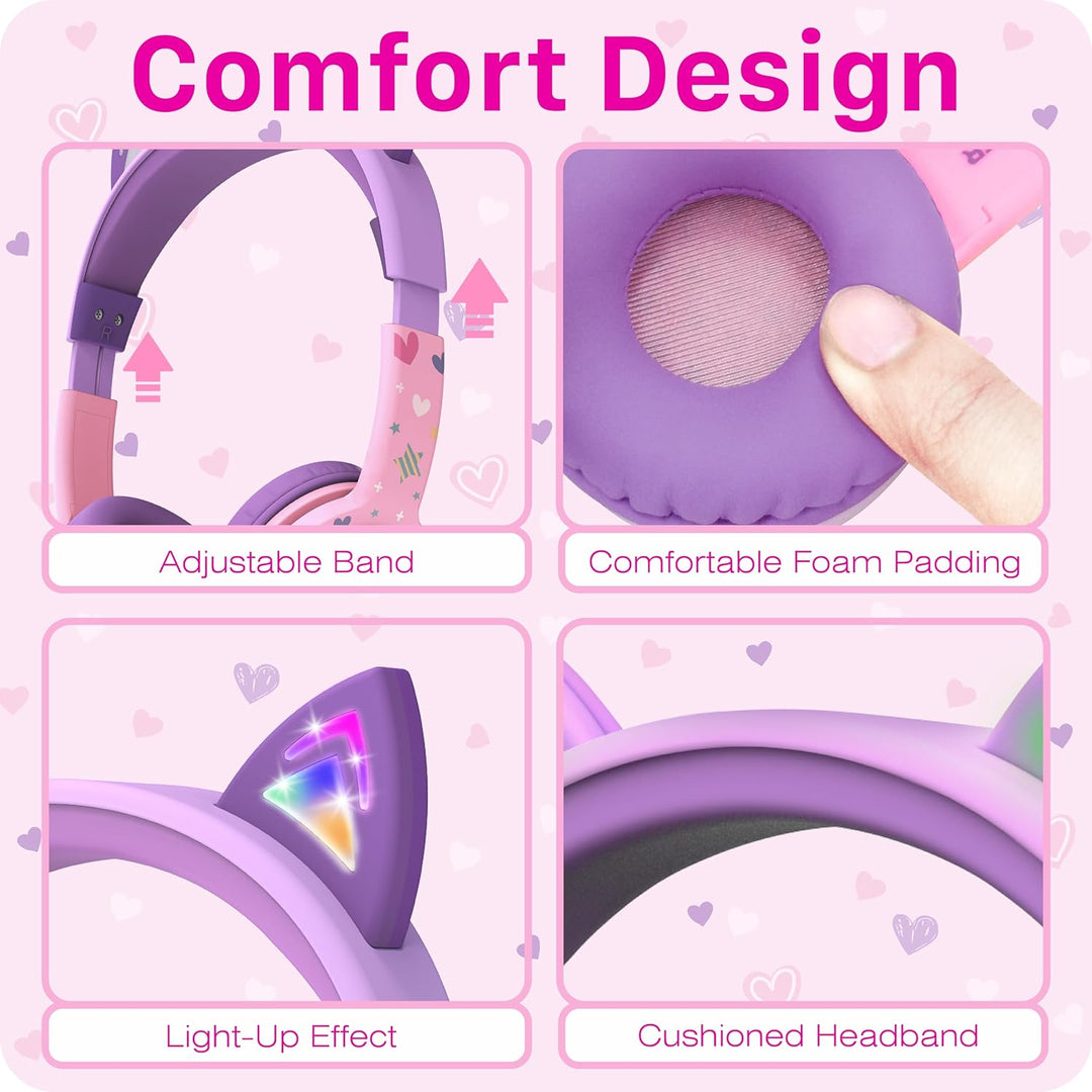 FosPower Kinderkopfhörer mit LED Katzenohren, 85dB Lautstärkebegrenzung, 3.5mm On-Ear Kabelgebundene