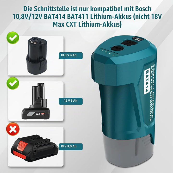 TPDL Adapter für Bosch GBA 12V Professional System mit DC-Anschluss und USB-Outport, Power Wheels, L