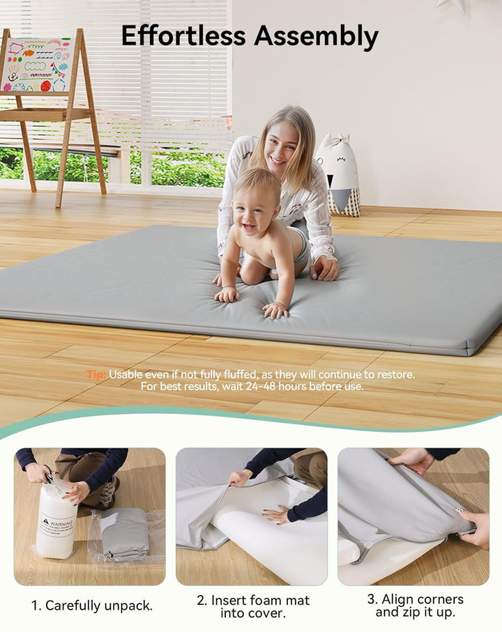 COMOMY Veganes Leder Krabbelmatte Baby, 127x127x3 cm Krabbeldecke für Baby, Extra Dicke und Weiche S