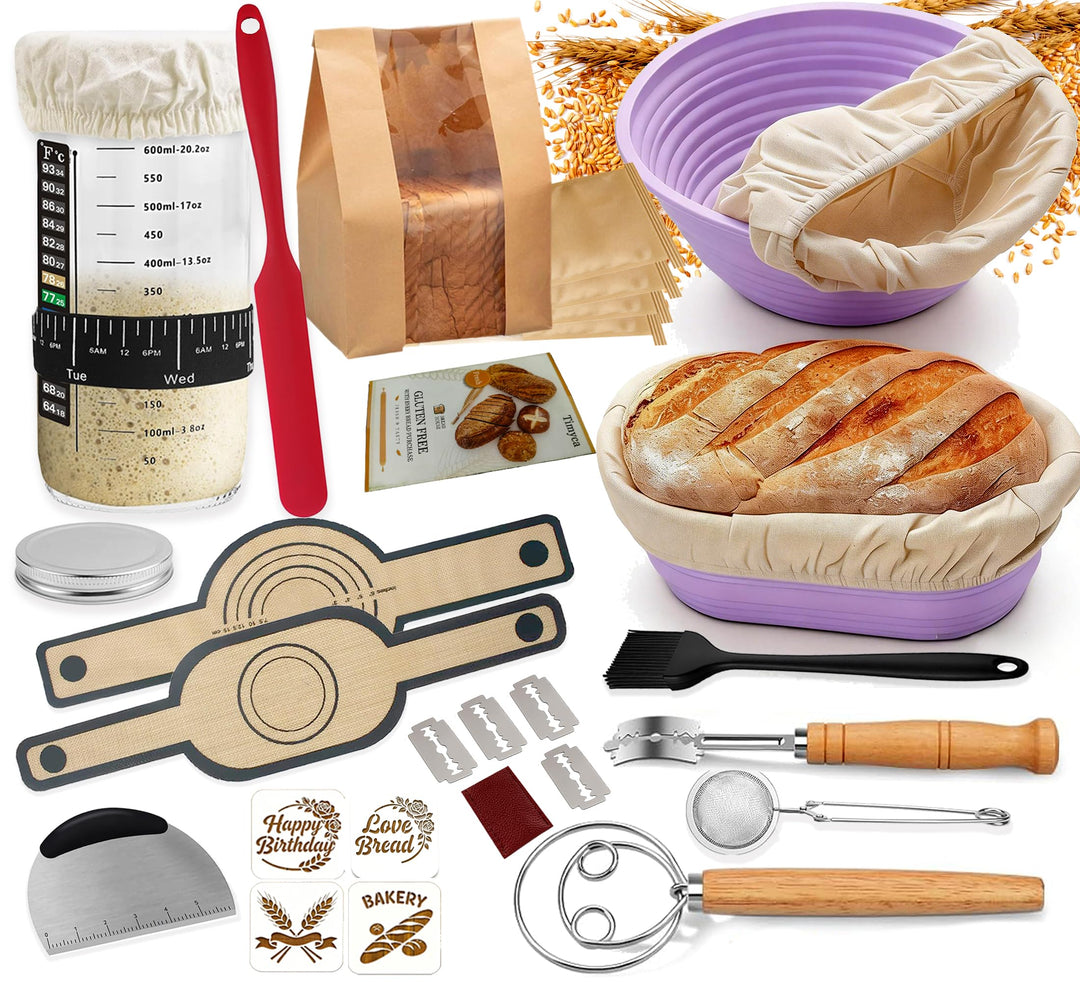 Sauerteig Starter Set, 650ml Gärglas, Klappbare Silikongärkörbe Rund Und Oval，30-Teilig Gärkorb Brot