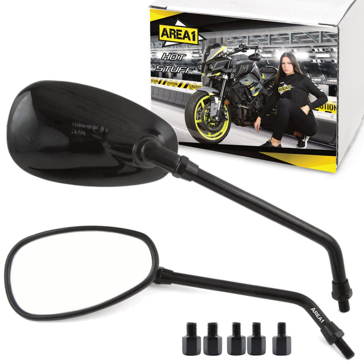 Area1 Motorradspiegel Oval Schwarz glänzend Custom Retro Vintage Chopper Motorrad Rückspiegel Set E