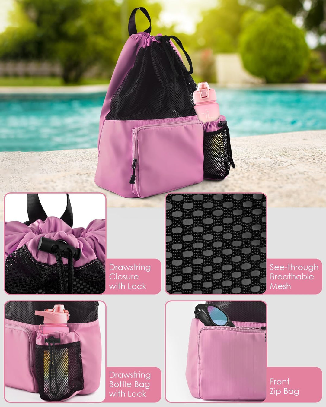 BROTOU Schwimmen Tasche, Schwimmtasche Mesh-Rucksack mit Kordelzug, Strandrucksack Turnbeutel Sportb