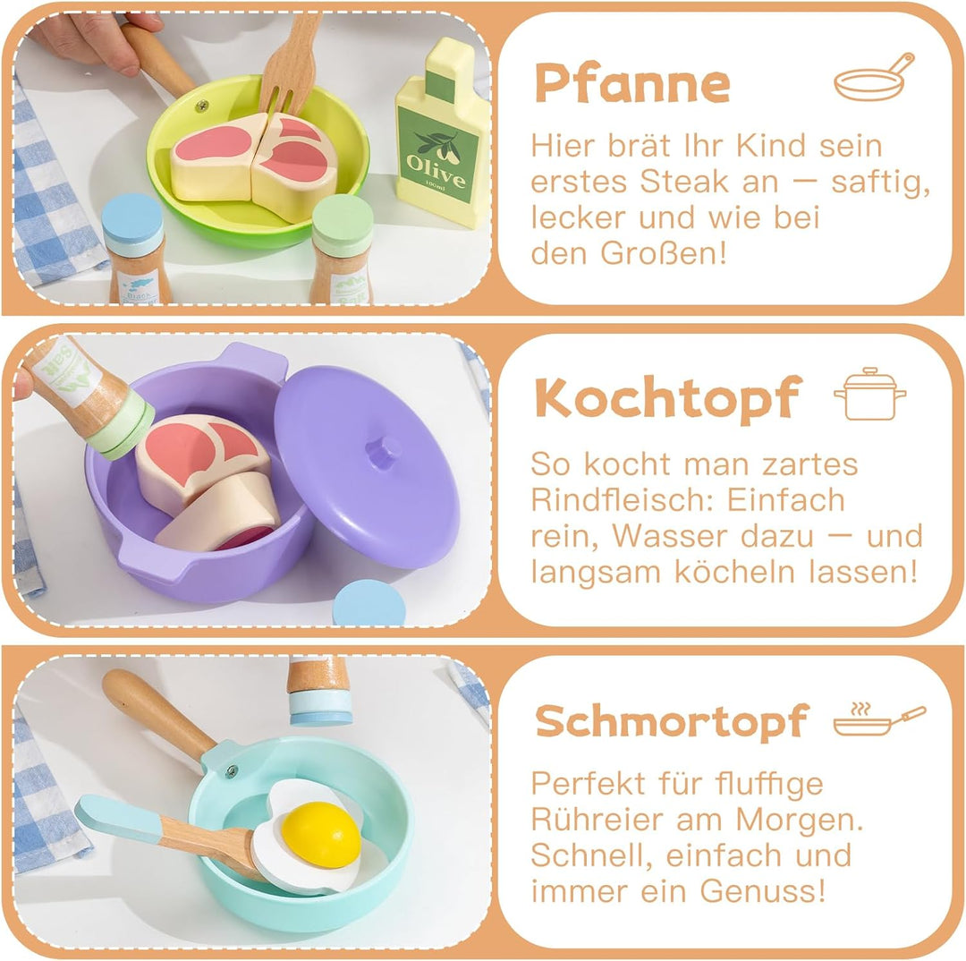 Kinderküche Zubehör Holz,Spielküche Zubehör,Puppengeschirr,Kinder Kochset Töpfe und Pfannen Set,Roll