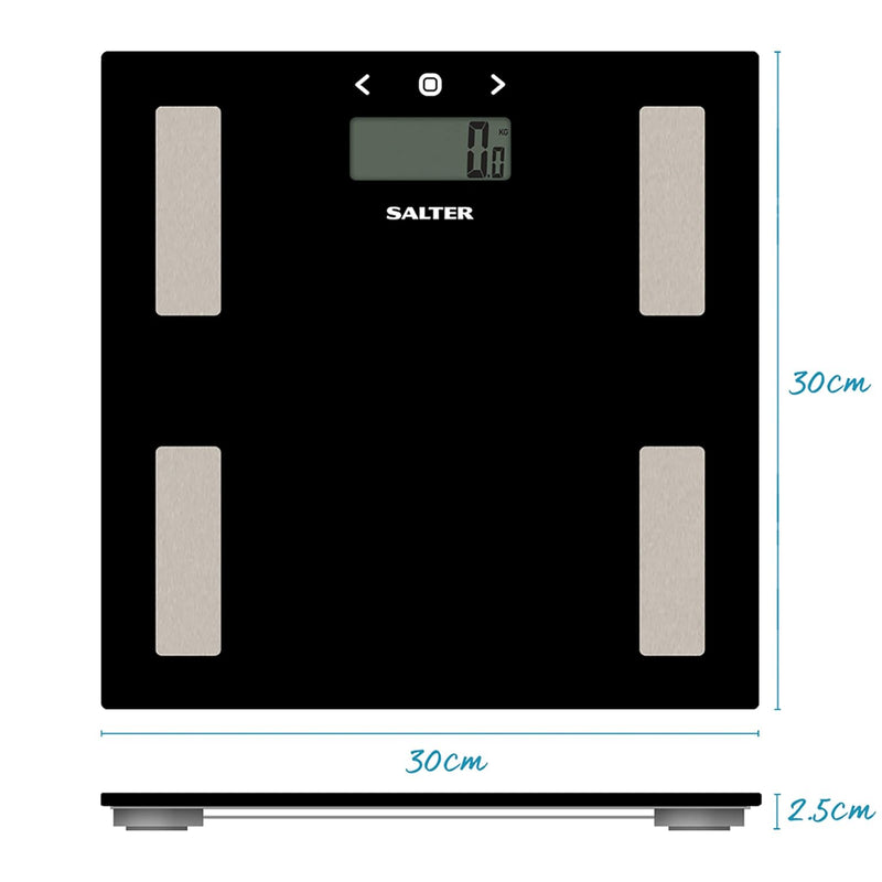 Salter 9150 BK3R Digitale Personenwaage - Körperanalyse, Körpergewichtswaage aus Glas, misst Gewicht