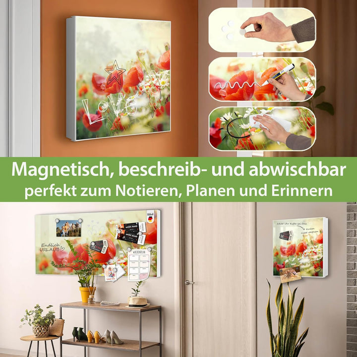 banjado® Grosser Schlüsselkasten Glas/Schlüsselbox 30cm x 30cm mit 50 Haken - Motiv Kamille Und Mohn