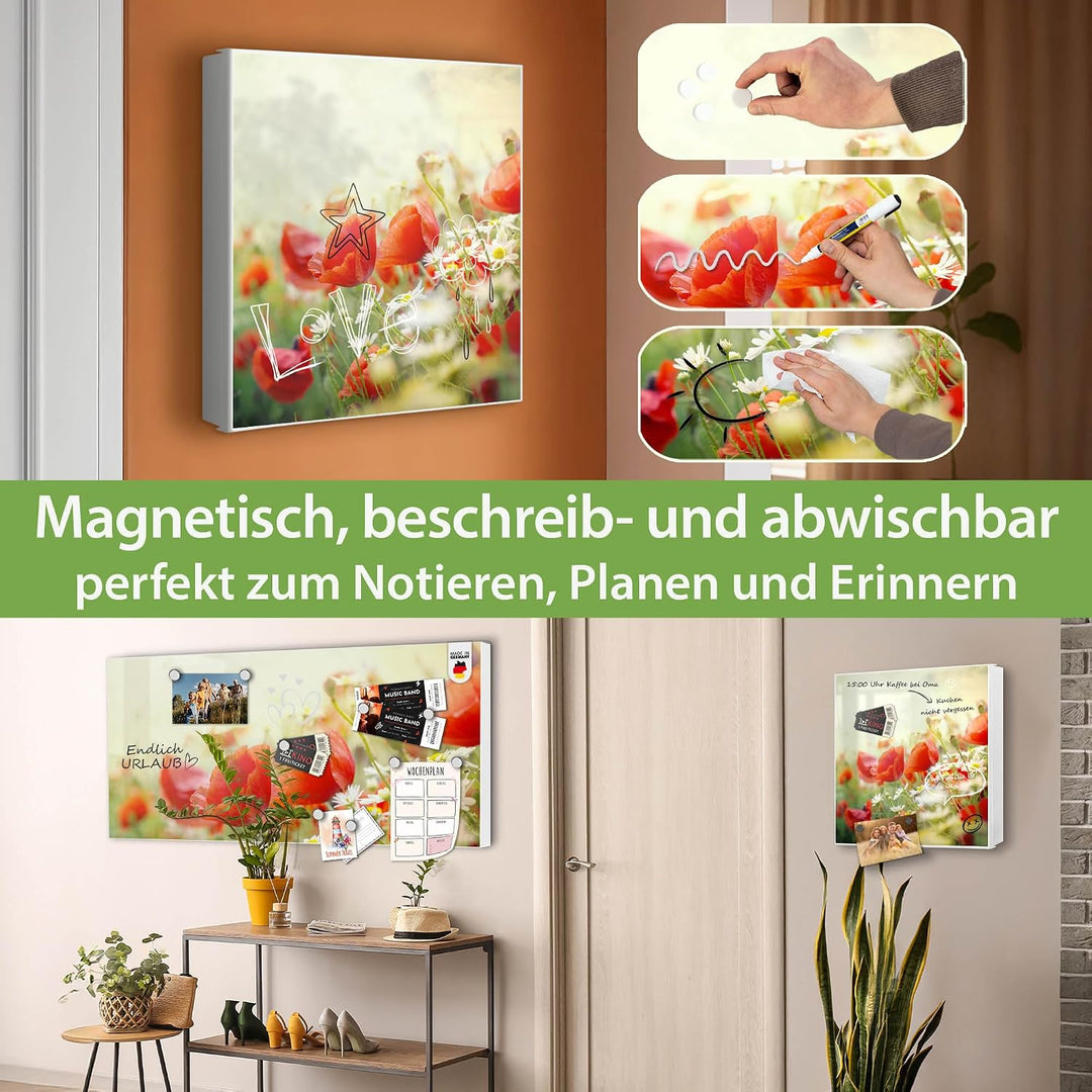 banjado® Grosser Schlüsselkasten Glas/Schlüsselbox 30cm x 30cm mit 50 Haken - Motiv Kamille Und Mohn