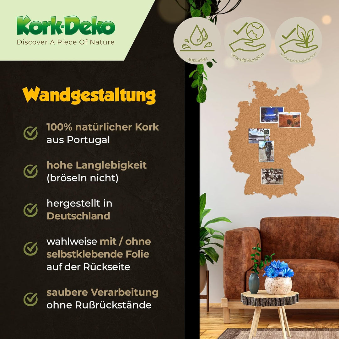Deutschland als Pinnwand aus Kork XXL 70x50 cm | Umrisse Deutschland zum Pinnen und als Wanddeko | T
