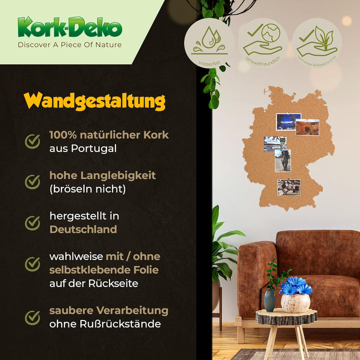 Deutschland als Pinnwand aus Kork XXL 70x50 cm | Umrisse Deutschland zum Pinnen und als Wanddeko | T