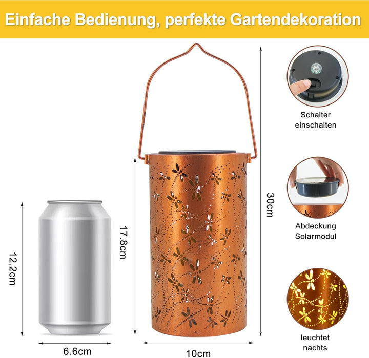 Solar Laternen Outdoor Hängelaternen, Libelle ausgehöhlte Metall-Dekolaterne, wasserdichte LED Dekol