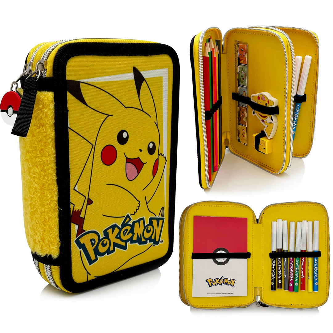 Pokémon Pikachu Federmäppchen mit Doppel-Fach – Komplettes Schulmäppchen mit Buntstiften, Filzstifte
