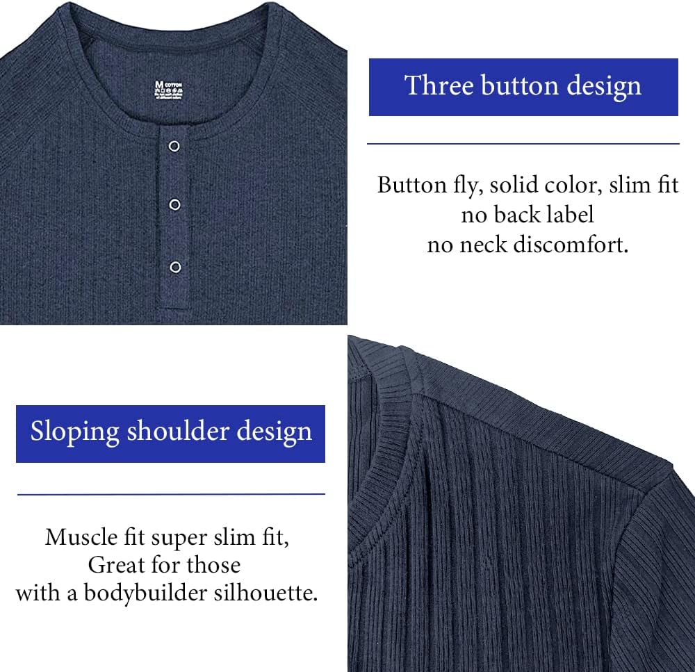 Lehmanlin Langarmshirts für Herren,Henley Langarm/Kurzarm Pullover,Baumwolle Gerippt Stoffe,Schmale