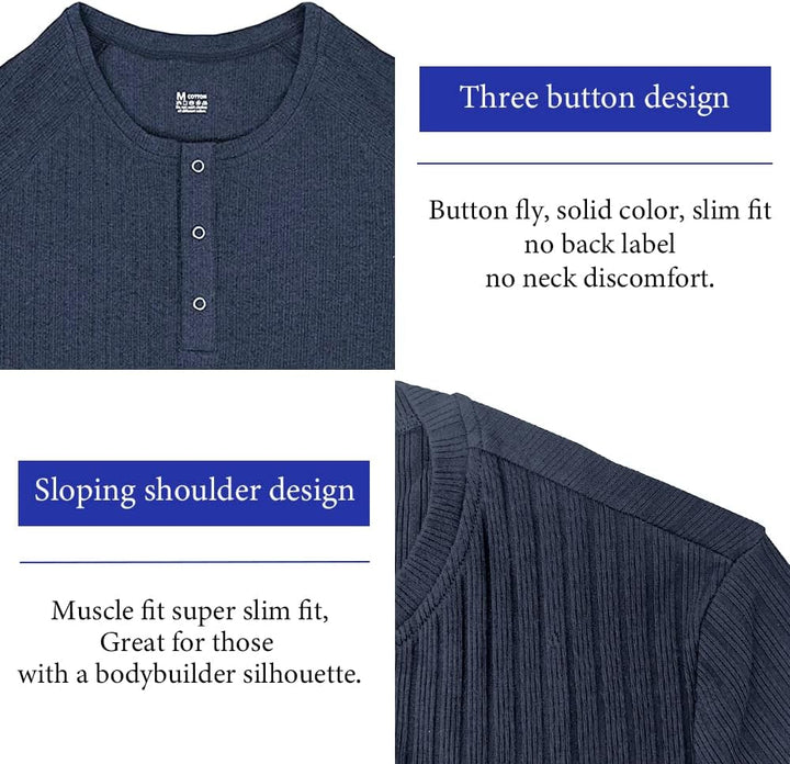Lehmanlin Langarmshirts für Herren,Henley Langarm/Kurzarm Pullover,Baumwolle Gerippt Stoffe,Schmale