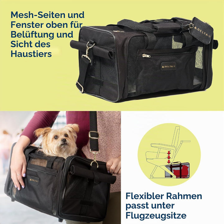 Sherpa Tragetasche für Haustiere, Schwarz L 43 x B 28 x H 27 cm Delta Airlines Transportbox für Haus