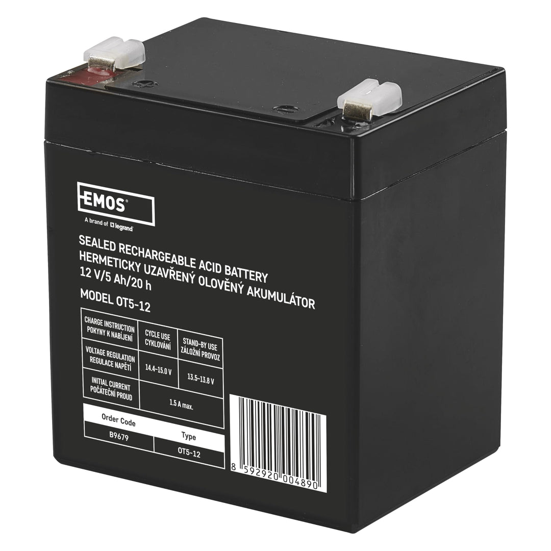 EMOS - Wartungsfreier Bleiakku - 12V 5Ah - AGM Batterie - Faston 6,3mm Anschluss - Für Alarmsysteme,