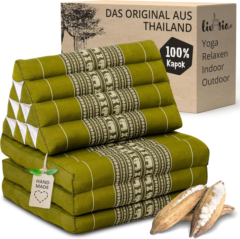 livasia Thaikissen mit 3 Auflagen, Dreieckskissen mit Klappmatratze, Keilkissen Kapok, Rückenkissen