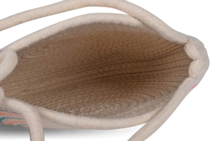 styleBREAKER Damen Runde Bali Bag Umhängetasche mit buntem Neonfaden und geflochtenem Taschengurt, H