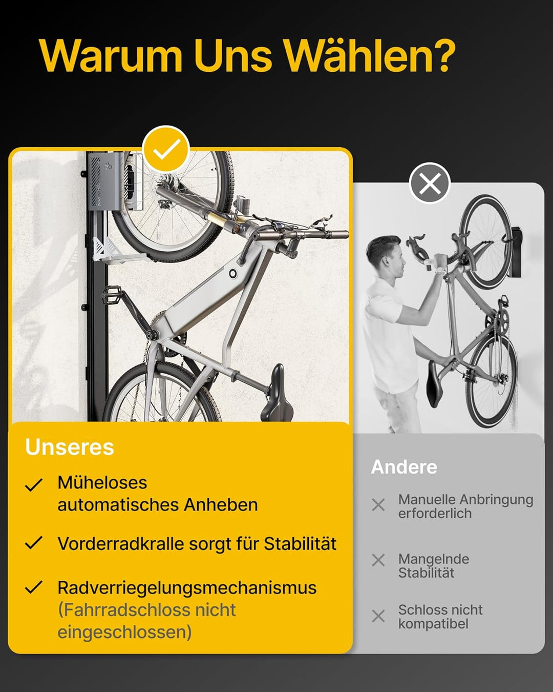 monTEK Automatischer Fahrradlift – Vertikaler Fahrradträger für schwere Fahrräder (bis 32 kg) – plat