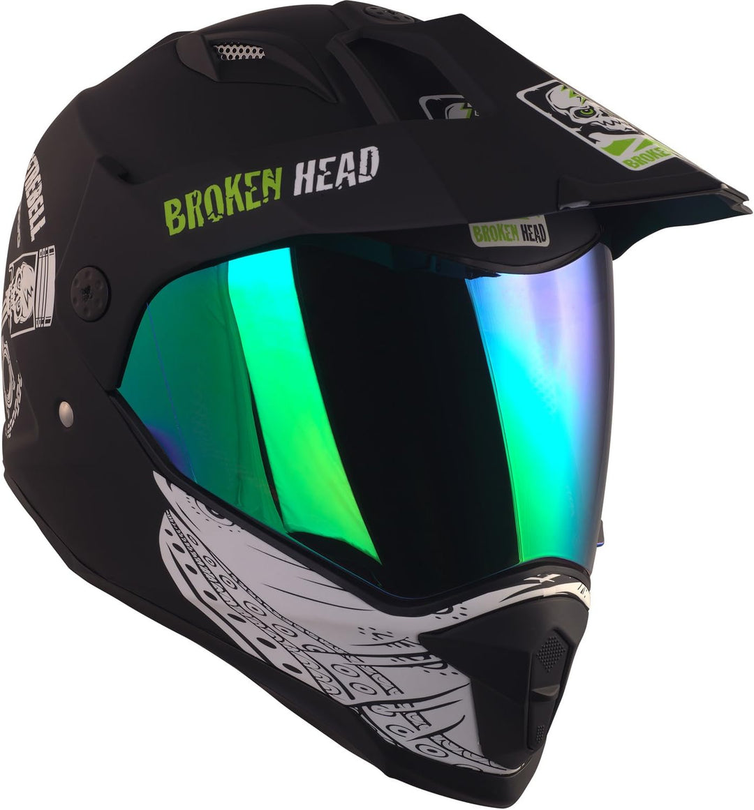 Broken Head Street Rebel grün Motocross-Helm Set mit grün verspiegeltem Visier | Enduro-Helm - MX Cr