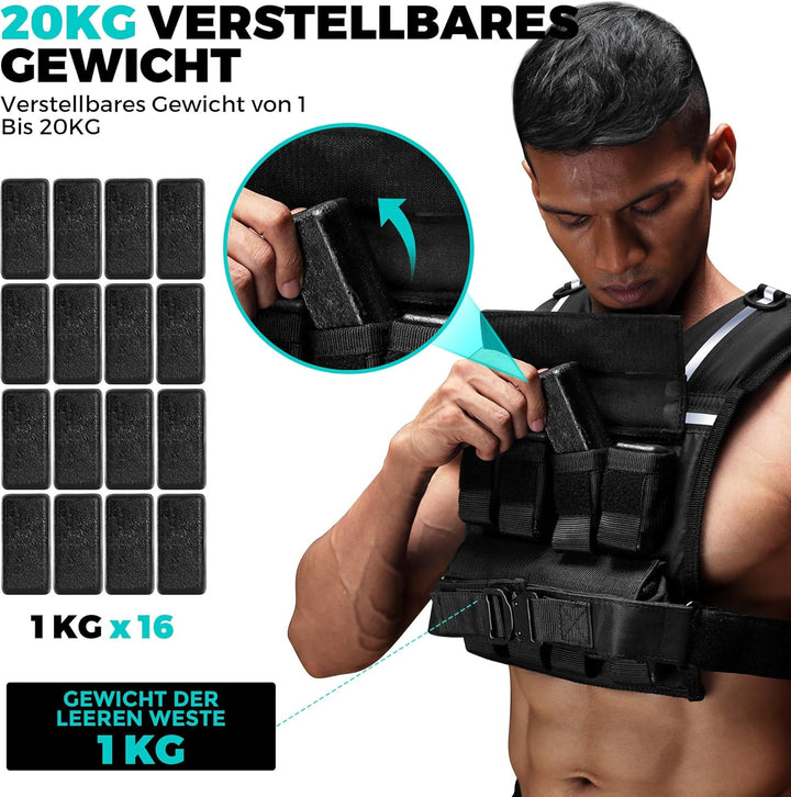 ONETWOFIT Verstellbare Gewichtsweste für Herren 20kg,Weighted Vest Ruckwesten zum Gehen mit Reissver