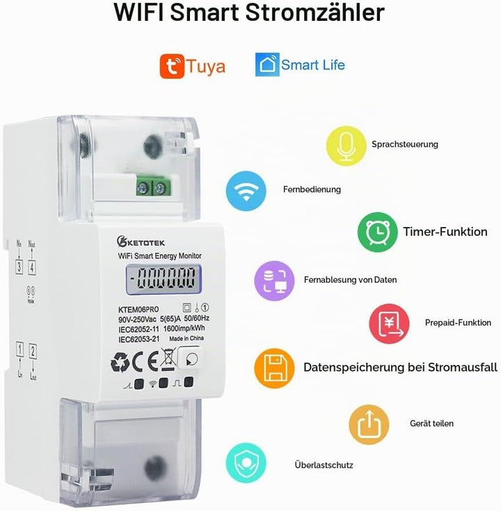 KETOTEK Smart Stromzähler Hutschiene 1 Phasig Bidirektional, Digital Energiezähler WLAN 5(65) A 90-2