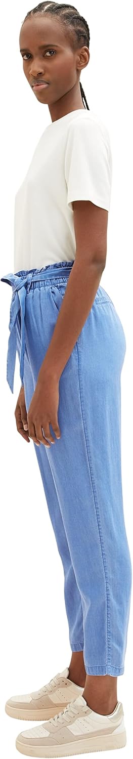 TOM TAILOR Denim Damen Tapered Relaxed Fit Paperbag Hose mit Bindegürtel S 12328 - Bright Mid Blue C