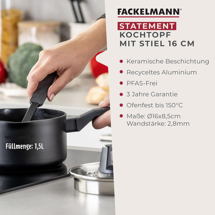 Fackelmann Kochtopf 16cm mit Stiel Statement – Topf mit keramischer Beschichtung – Recyceltes Alumin