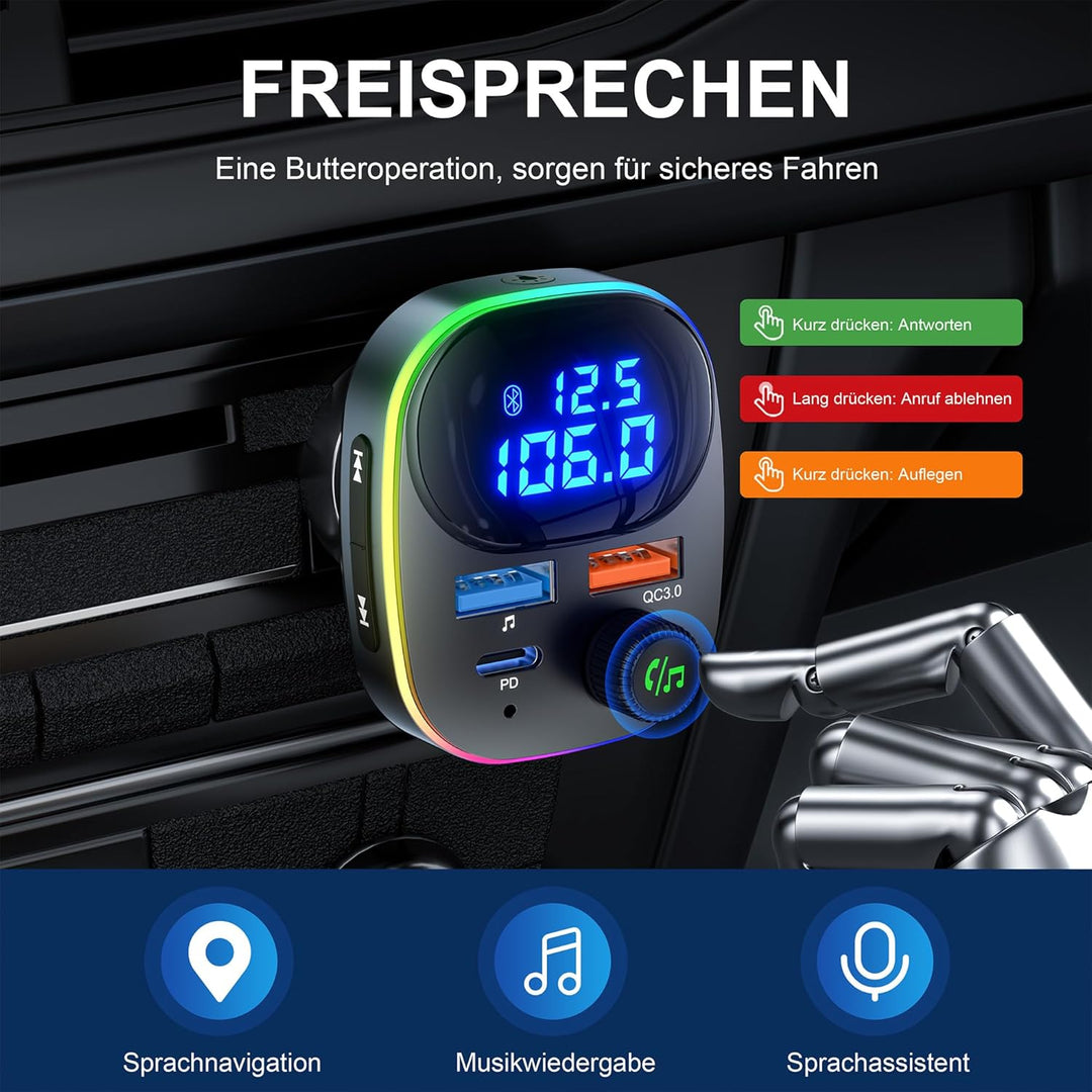 Bluetooth 5.3 FM Transmitter,38W KFZ Musik Adapter für Auto Radio,PD&QC3.0 Schnellladung mit Spannun