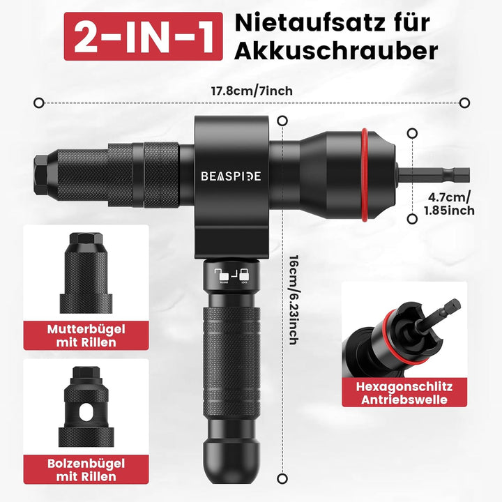 Beaspire 2 In 1 Nietaufsatz für Akkuschrauber für Bohrmaschine | Nietmuttern Adapter Kit für 2,4-6,4