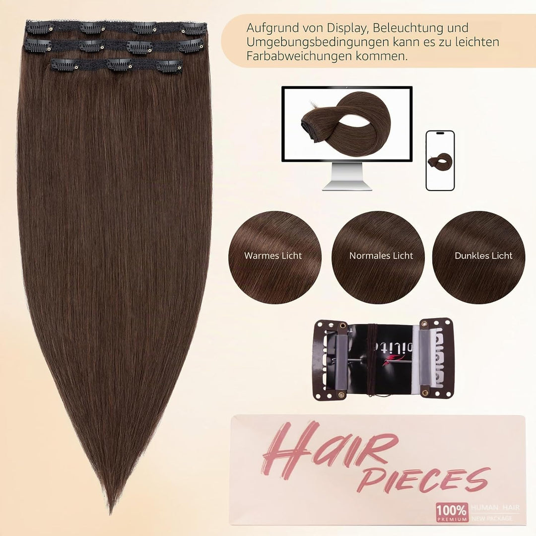 S-noilite Clip in Extensions Echthaar Dunkelbraun 25cm 56g Extensions Clip in Echthaar Haarverlänger