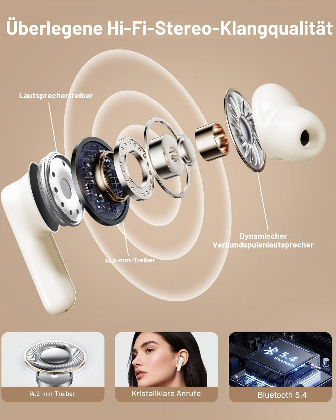Bluetooth Kopfhörer, In-Ear-Kopfhörer mit Touchscreen, Orange | ANC Kabellose Kopfhörer Kabellos, Bl