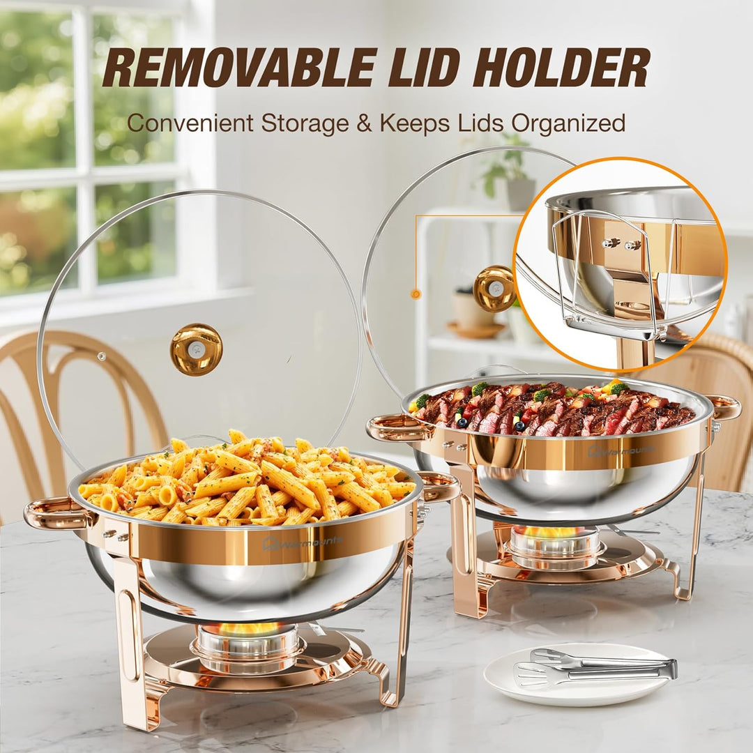 WARMOUNTS Rose Gold Chafing Dish Buffet 5L 4er Set, Rund Speisenwärmer für Catering mit Glasdeckel &