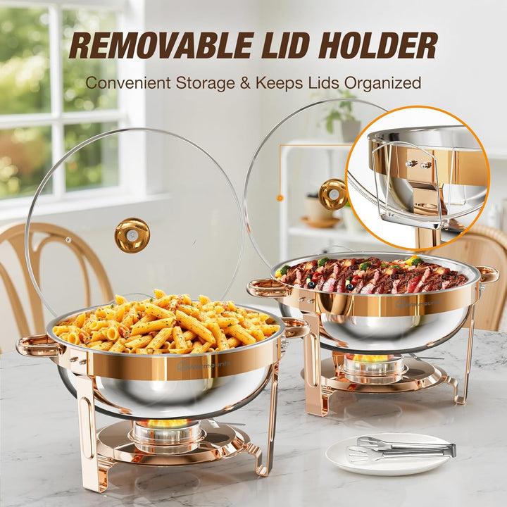 WARMOUNTS Rose Gold Chafing Dish Buffet 5L 4er Set, Rund Speisenwärmer für Catering mit Glasdeckel &