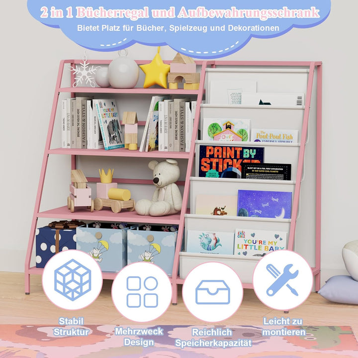 KEEPREAPER Bücherregal Kinder Metall mit 5 Fächern und 3 Ablagen, Kinderregal Montessori Spielzeug-O