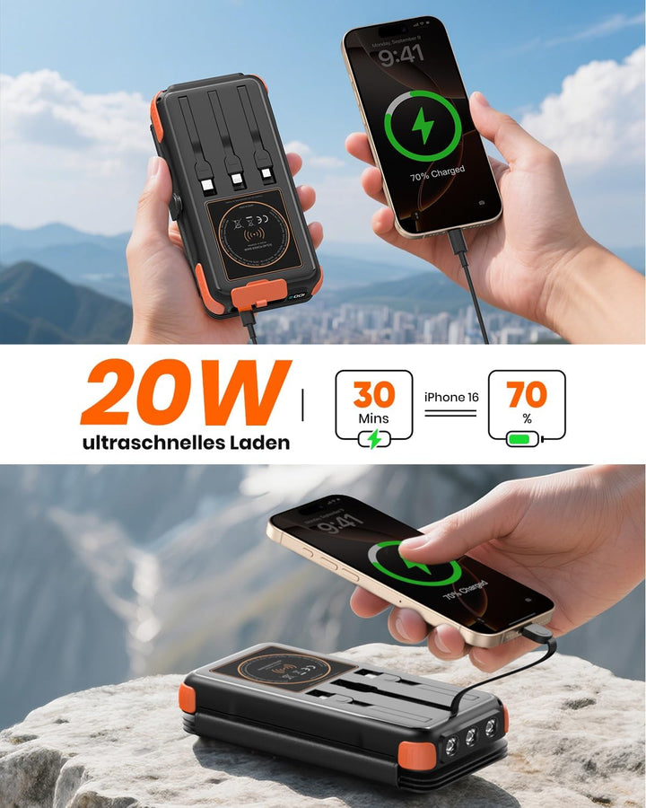 A ADDTOP Solar PowerBank Wireless - 16000mAh Power Bank mit 3 Integrierten Kabelns - 20W Schnelllade