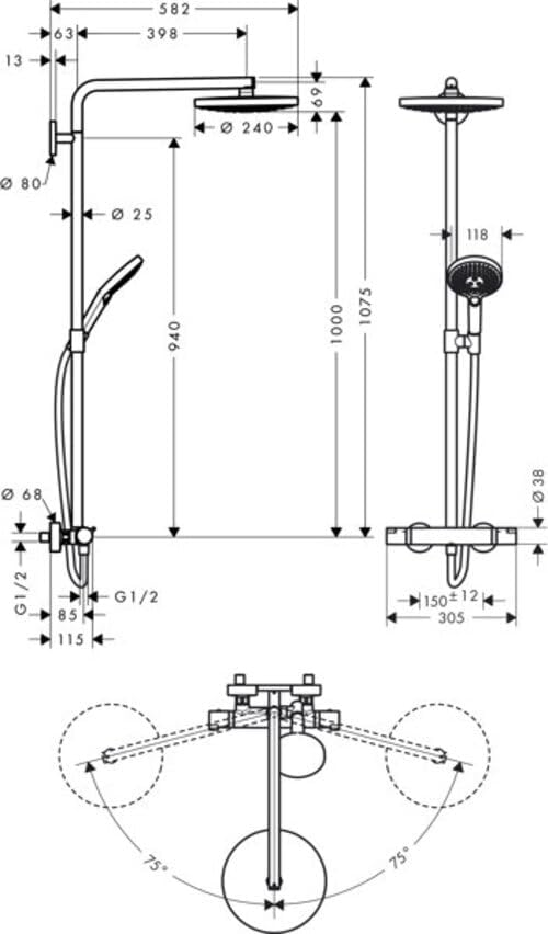 hansgrohe Raindance Select S 240 Duschsystem (2 Strahlarten) Chrom Chrom Kopfbrause mit 2 Strahlarte