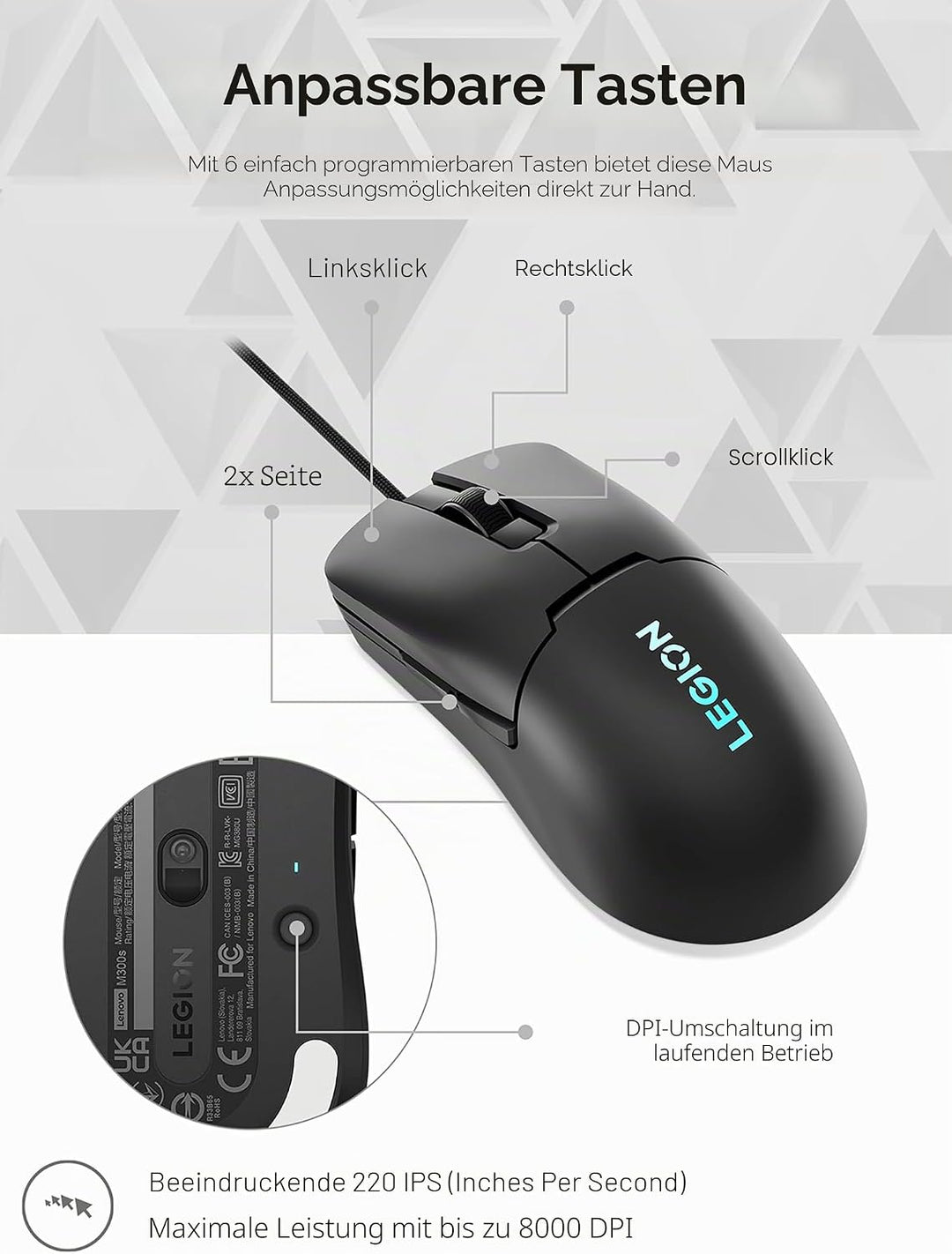 Lenovo Legion M300s RGB Gaming-Maus, bis zu 8000 DPI, 6 programmierbare Tasten, RGB 16,8 Millionen F