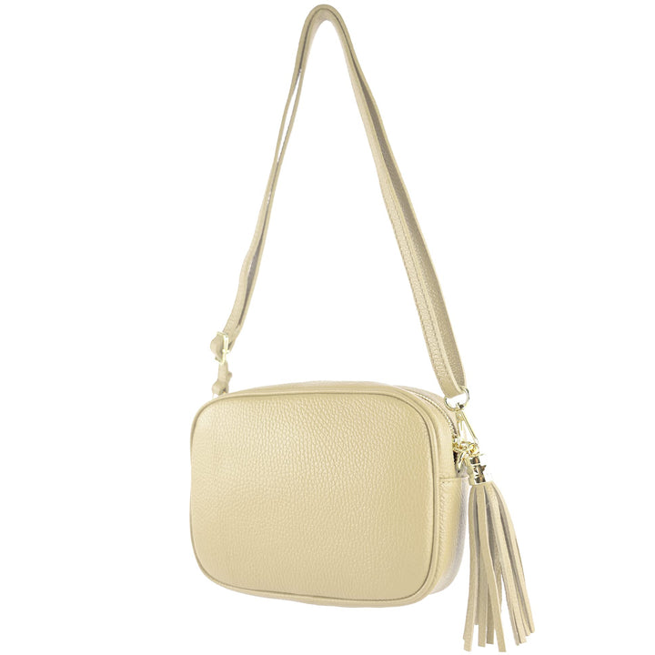 modamoda de - T240 - kleine Umhängetasche aus ital. Echtleder Creme, Creme