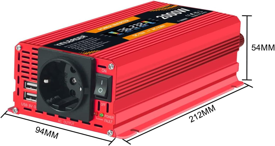 Yinleader Wechselrichter 12V 230V 1000W /2000W Spannungswandler LCD mit 1 Steckdose 2 USB Anschlüsse
