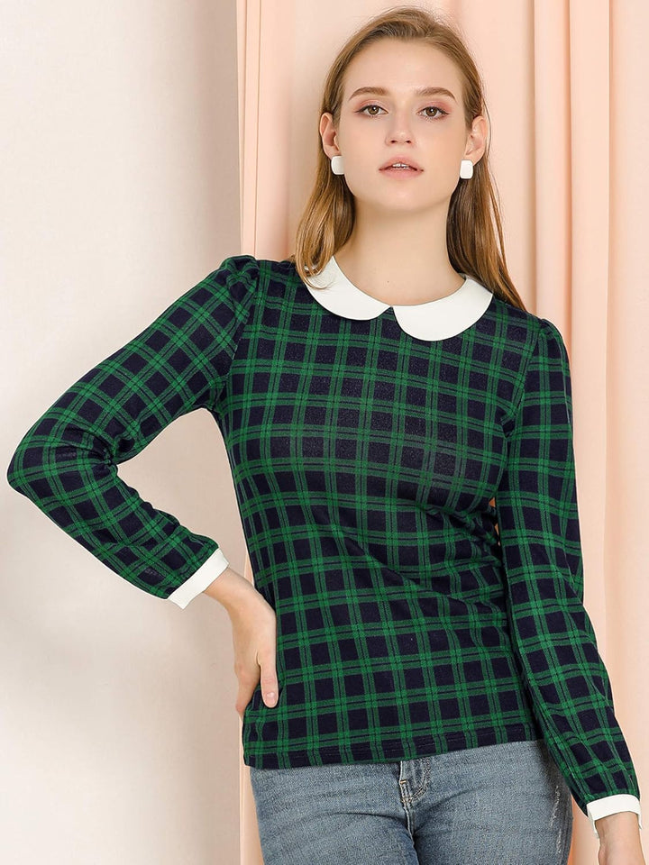 Allegra K Damen Bubikragen Bluse Oberteil Langarm Panel Elegant Kariert Shirt M Grün, M Grün