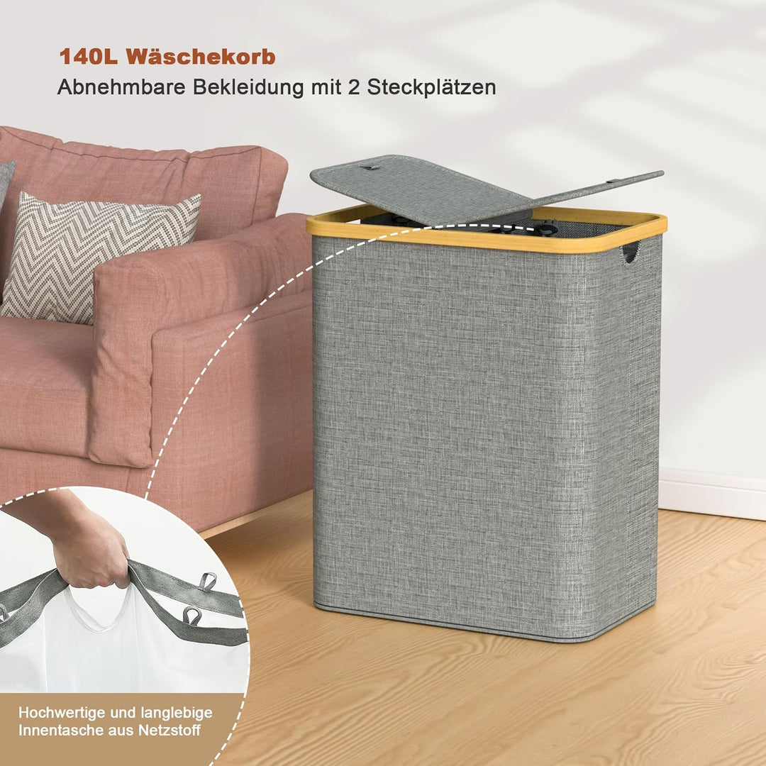 AdelDream 140L Wäschekorb mit Deckel 2 Fächer Wäschekorb Wäschesack schmal Wäschesortierer Wäschebox