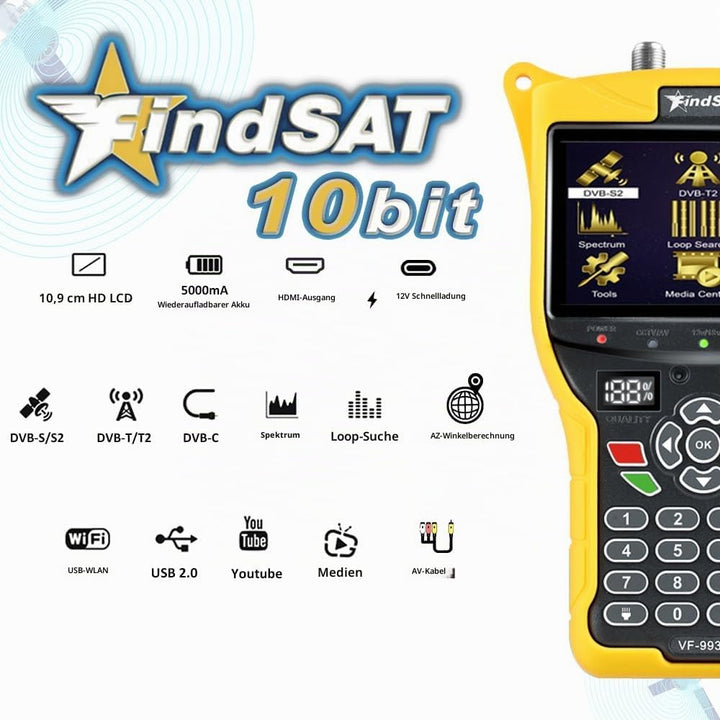 VF9930 Max Sat Finder HVEC 10bit, Satelliten Finder mit Bildschirm 4,3" LCD und TV DVB-S2/S/T2/T/C E