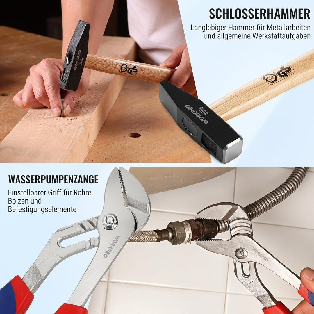 WORKPRO Werkzeugkoffer gefüllt Aluminum Haushalt Werkzeugkiste, Steckschlüssel-Satz Gabelschlüssel U