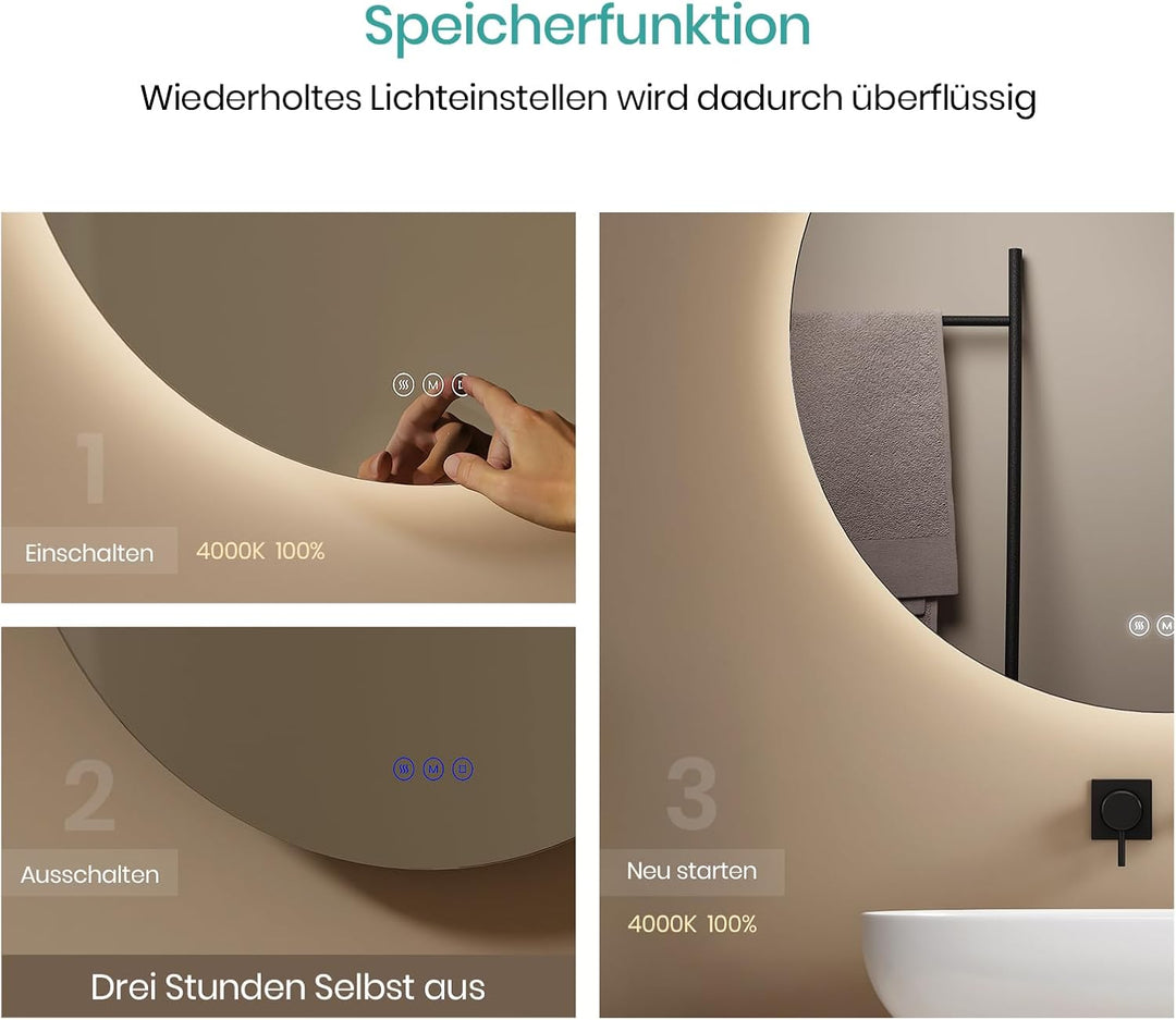EMKE Runder LED Badspiegel mit Beleuchtung – Badezimmerspiegel 80 cm, 3 Lichtfarben (Warmweiss/Neutr