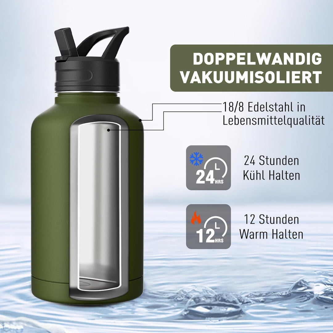 Exllena 2 Liter Edelstahl Wasserflasche, doppelt isolierte Wasserflaschen mit zwei Deckeln und schüt