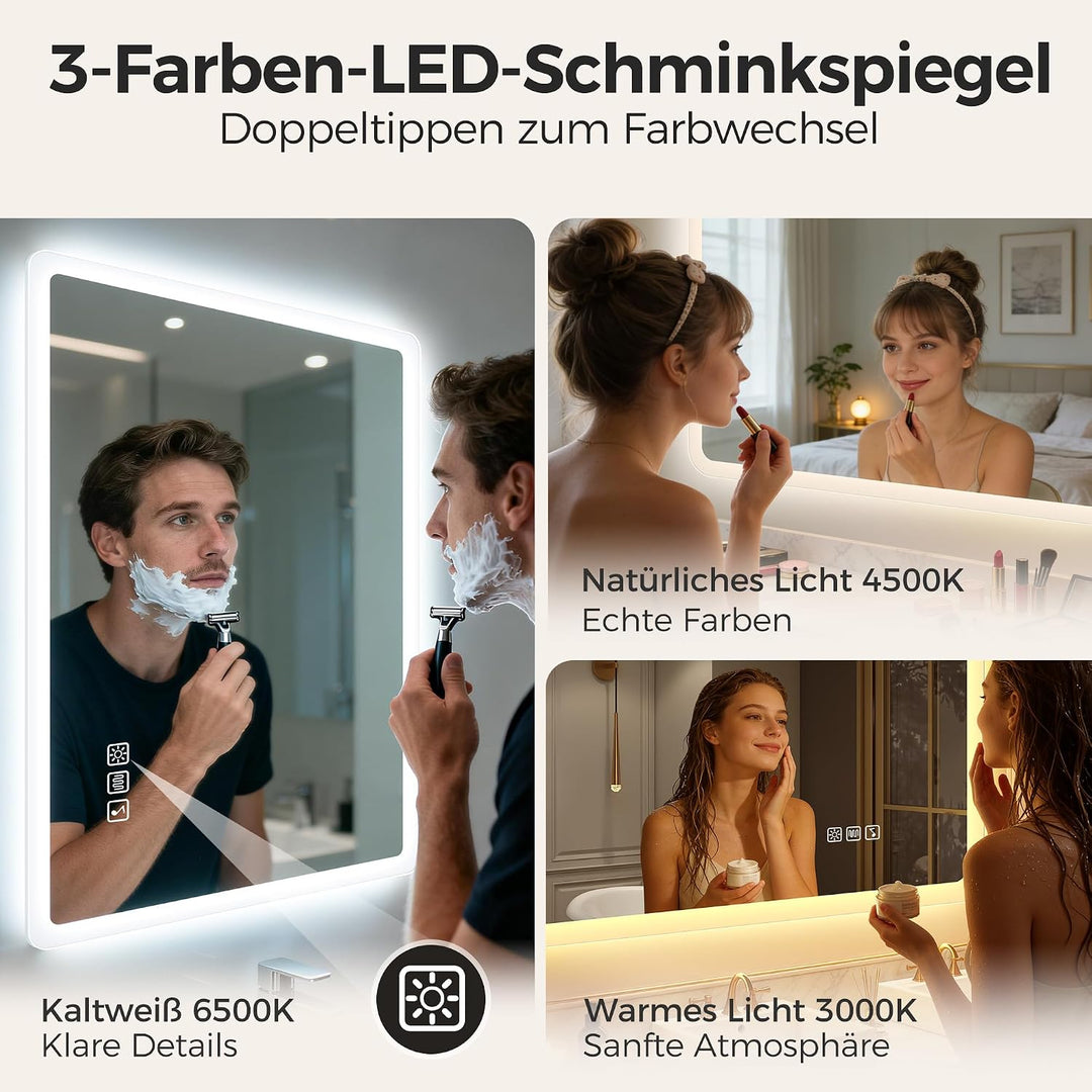 STARLEAD Badezimmerspiegel-mit-Beleuchtung 50x70cm, Dimmbar, 3 Lichtfarben, LED-Spiegel-Bad-mit-Blue