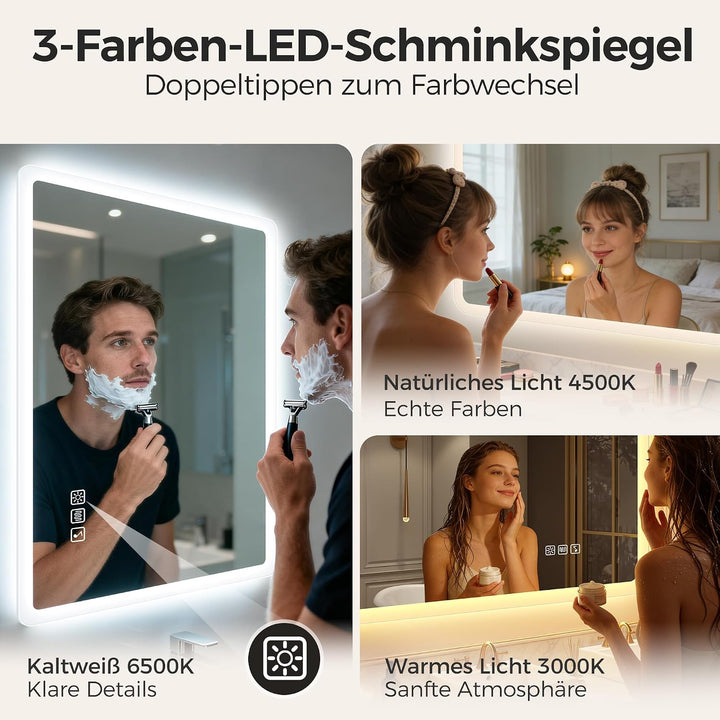 STARLEAD Badezimmerspiegel-mit-Beleuchtung 50x70cm, Dimmbar, 3 Lichtfarben, LED-Spiegel-Bad-mit-Blue