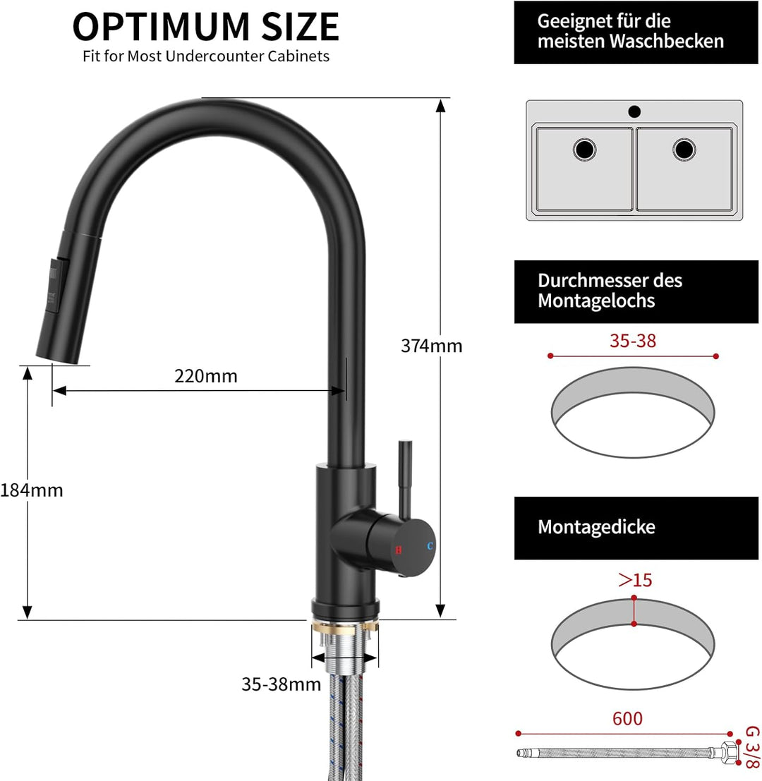 Rainsworth Schwarz Wasserhahn Küche mit Brause Ausziehbar - Hochdruck Küchenarmatur mit Zwei Wassers