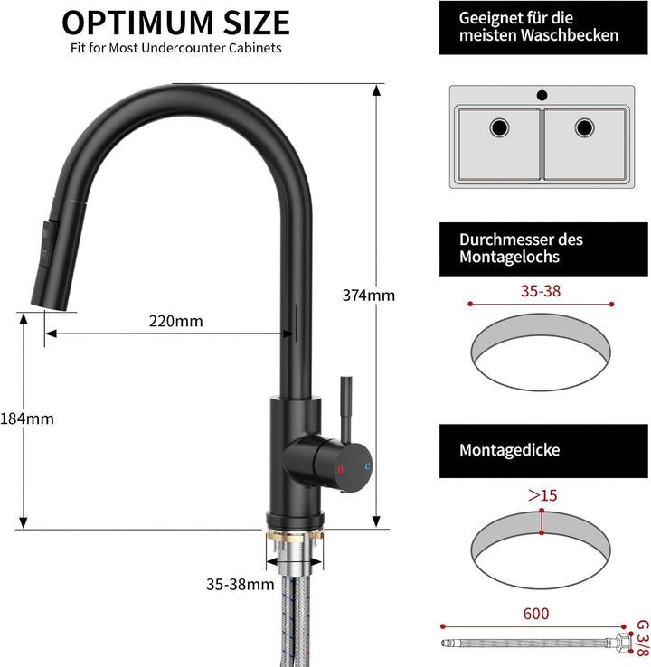 Rainsworth Schwarz Wasserhahn Küche mit Brause Ausziehbar - Hochdruck Küchenarmatur mit Zwei Wassers
