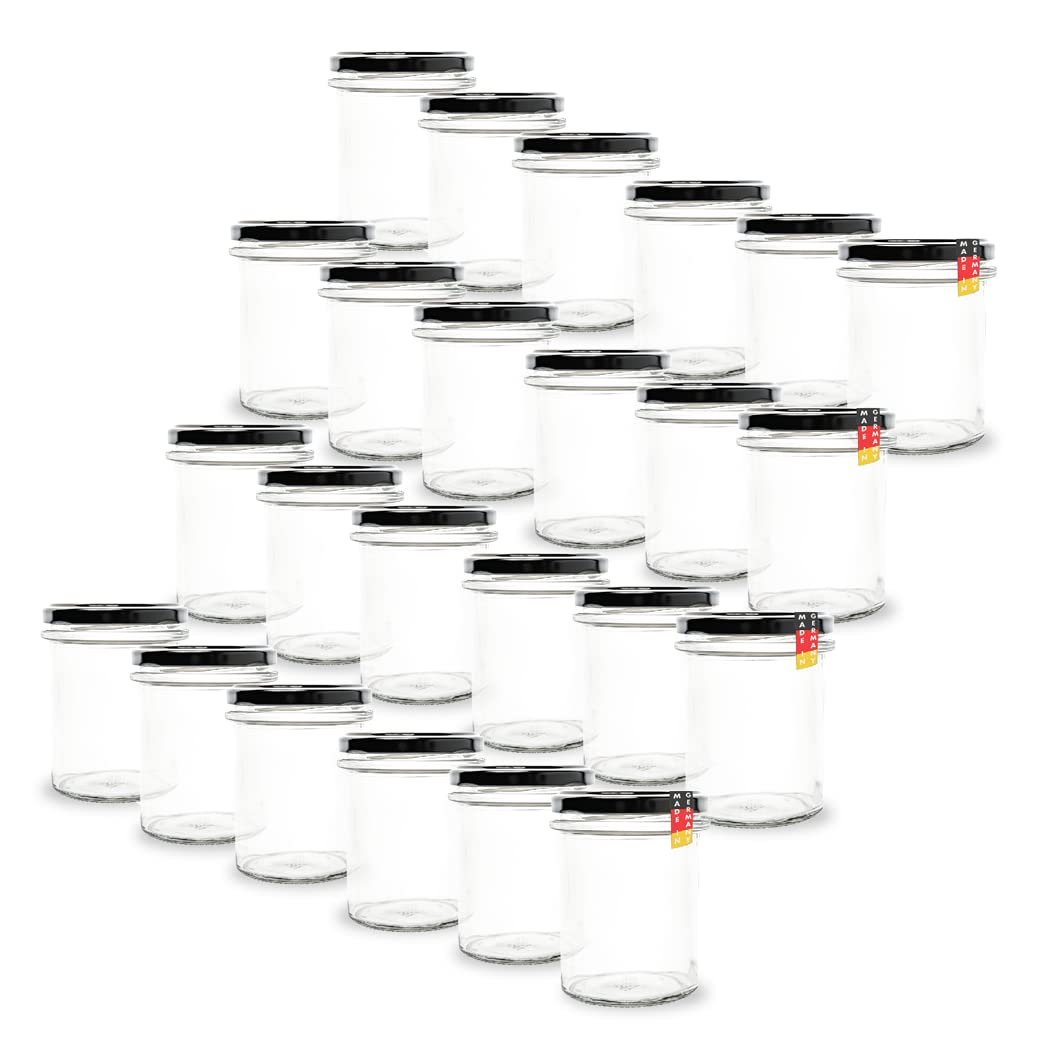 flaschenbauer.de BAUER 24er Set Sturzgläser 214 ml inkl. Schwarze Twist Off Deckel TO66 zum Einmache